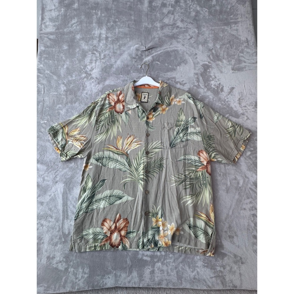 Jamaica Jaxx Mens XXL Silk Tropical Floral Bird of Paradise Camp Shirt Sage